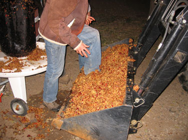 The tractor-s bucket is full of crushed apple bits.