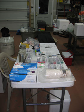 A temporary laboratory is set up inside the shop.