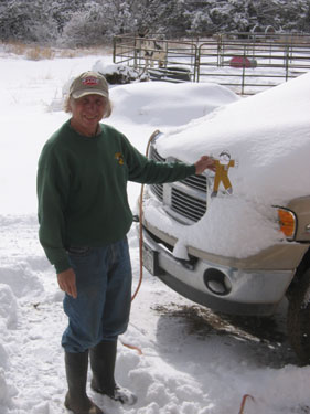 Flat Stanley and Ken pose near the snow-covered truck. 
