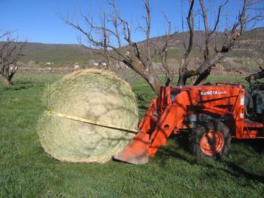 A close-up view of the tractor carrying the round bale.