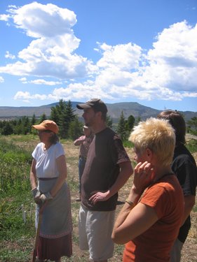 Oogie and visitors at the Small Potatoes Farm. 