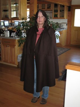 Oogie is modeling her first cloak pattern, fully assembled, for the camera. 