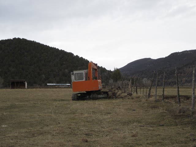 An excavator cleans brush and debris out from a drainage ditch running parallel to a fence.