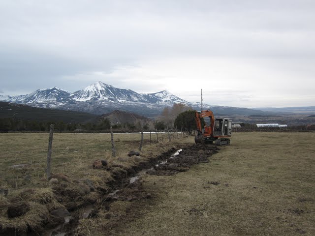 An excavator cleans brush and debris out from a drainage ditch running parallel to a fence.
