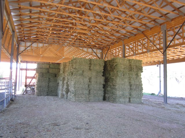 Piles of hay bales sit inside an open barn. 