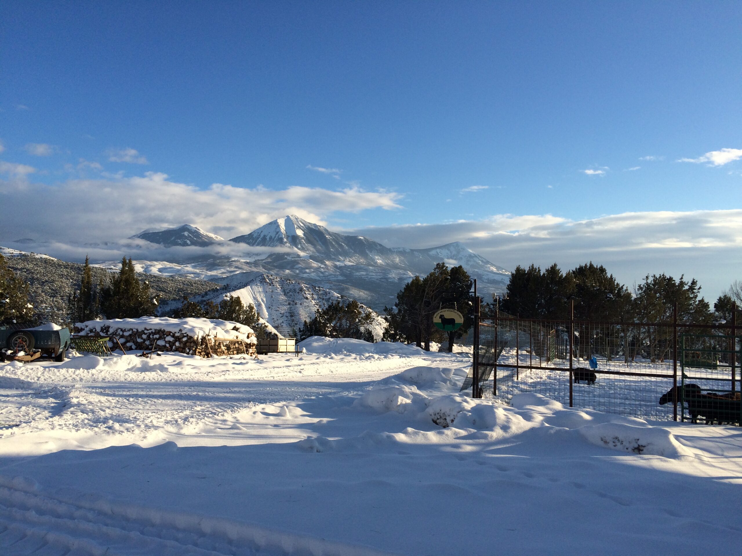 A view of the surrounding mountains and trees, covered with snow. 