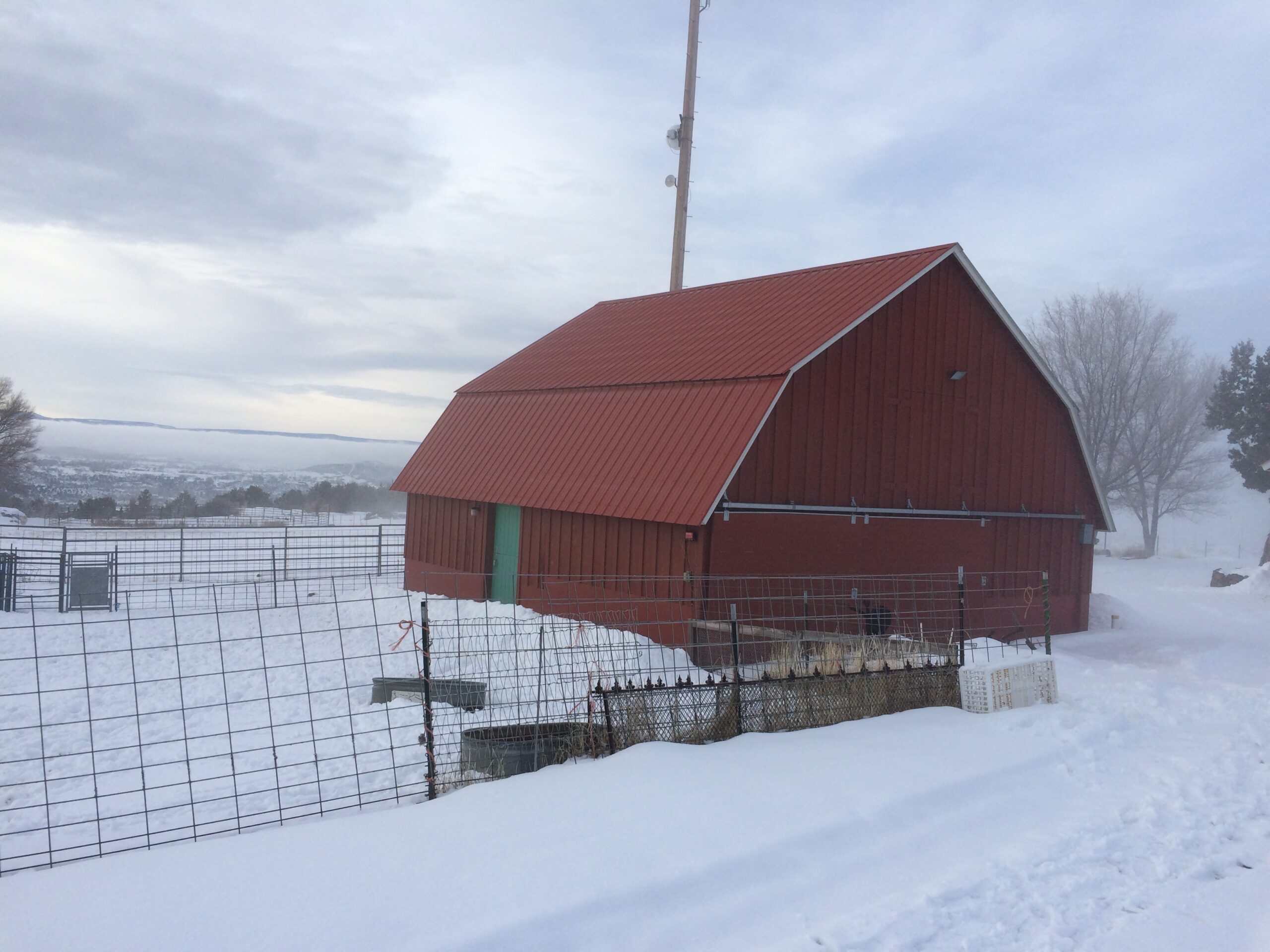 The red barn stands out against the backdrop of snow. 