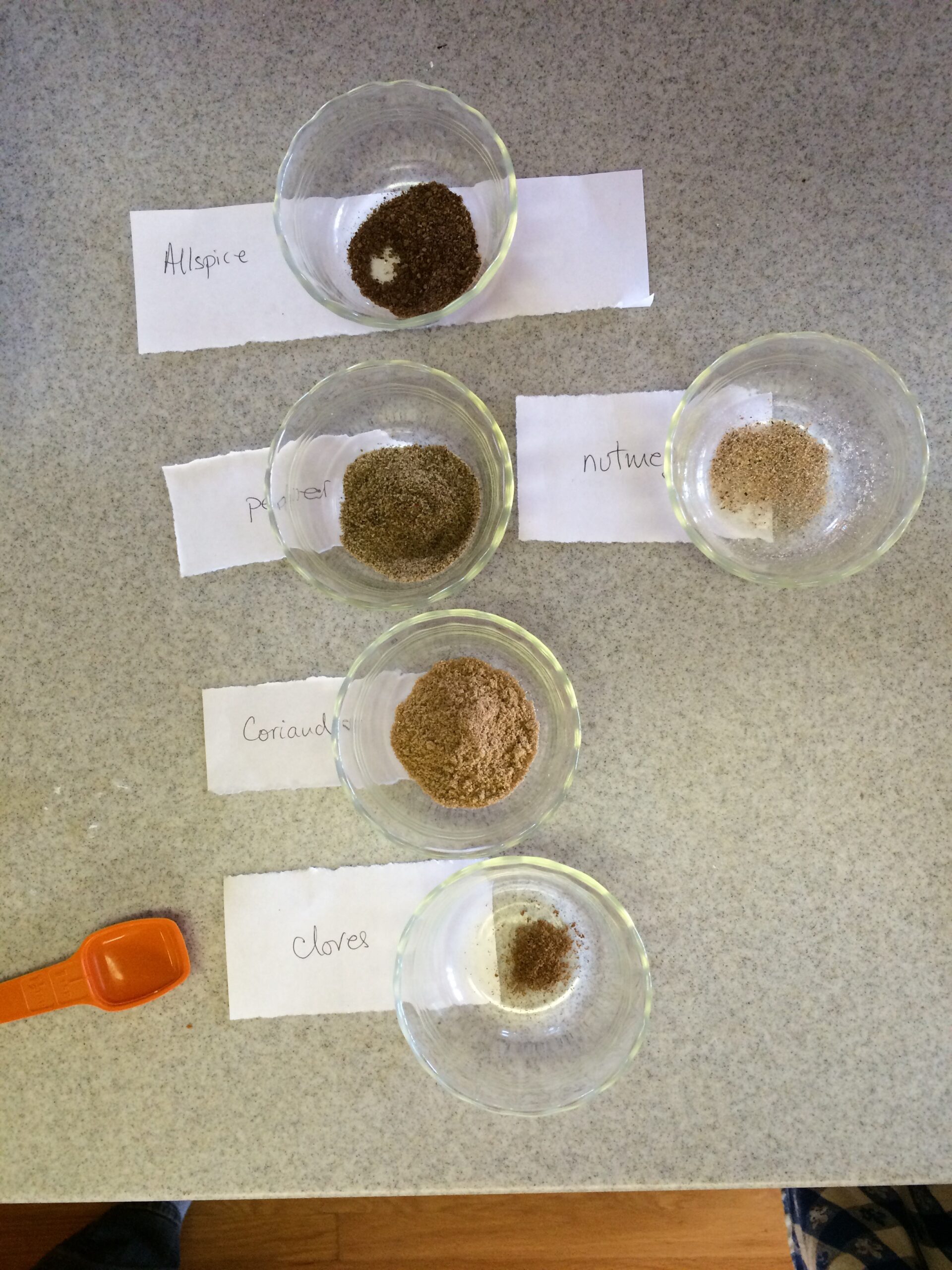 Carefully measured and labeled spices are laid out in individual bowls.
