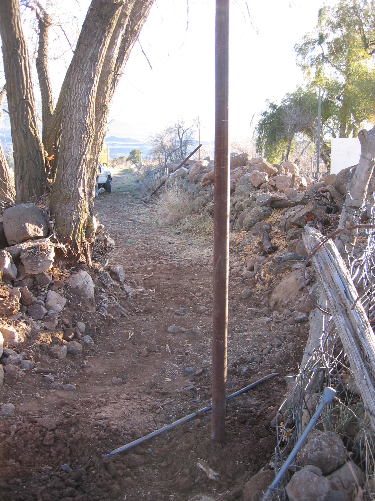 This is a view of the old fence line where it passes inside the rock wall.