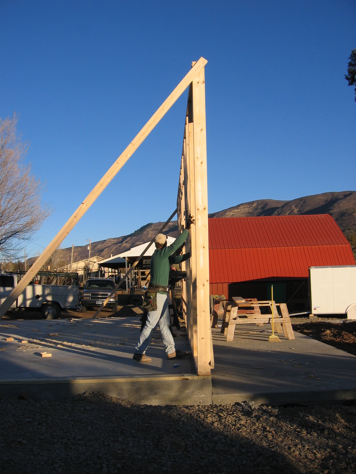 The first wall of the new shop is up!