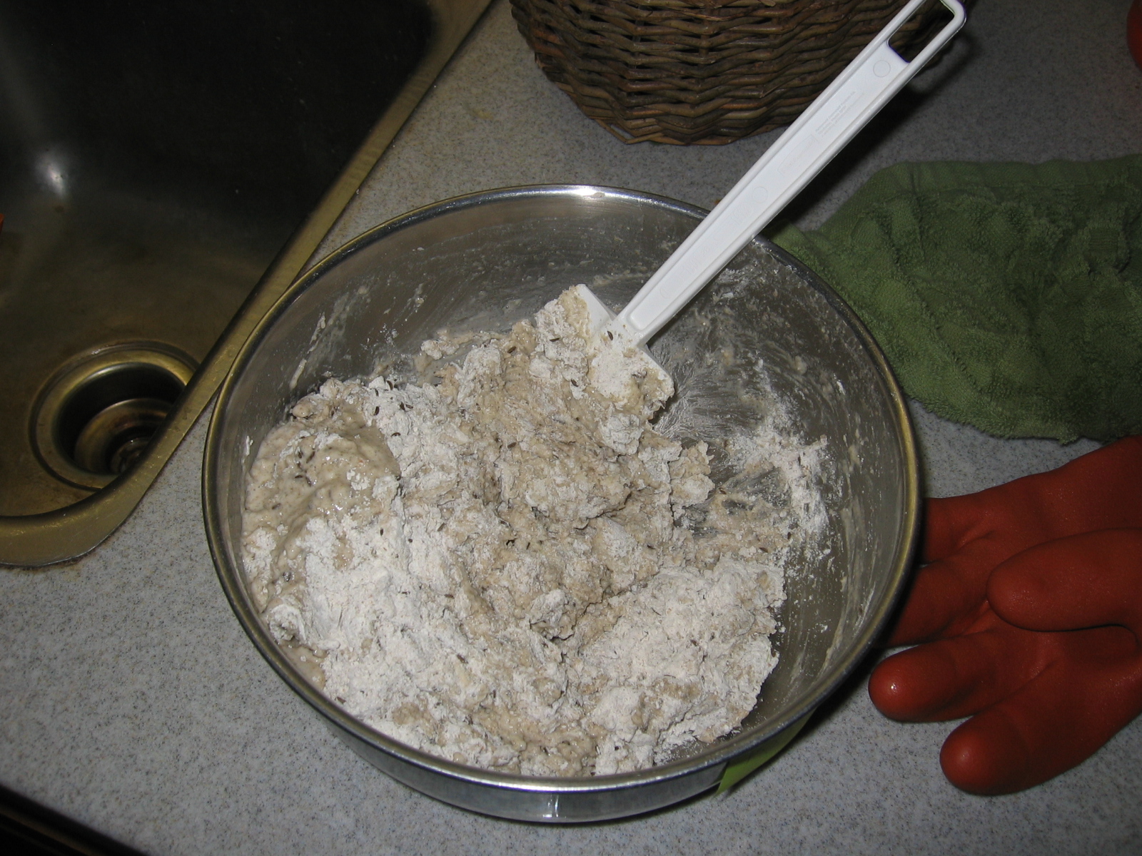 The bread dough is partially mixed. 