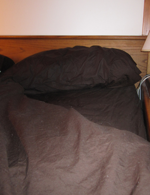 A photo of a comfortable bed clad in black sheets. 