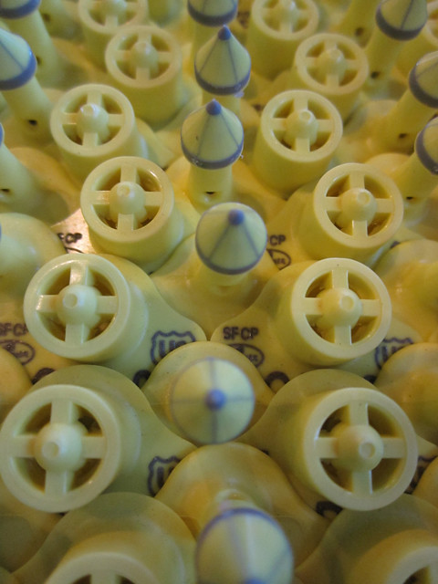 A close-up look at plastic ear tags for sheep.